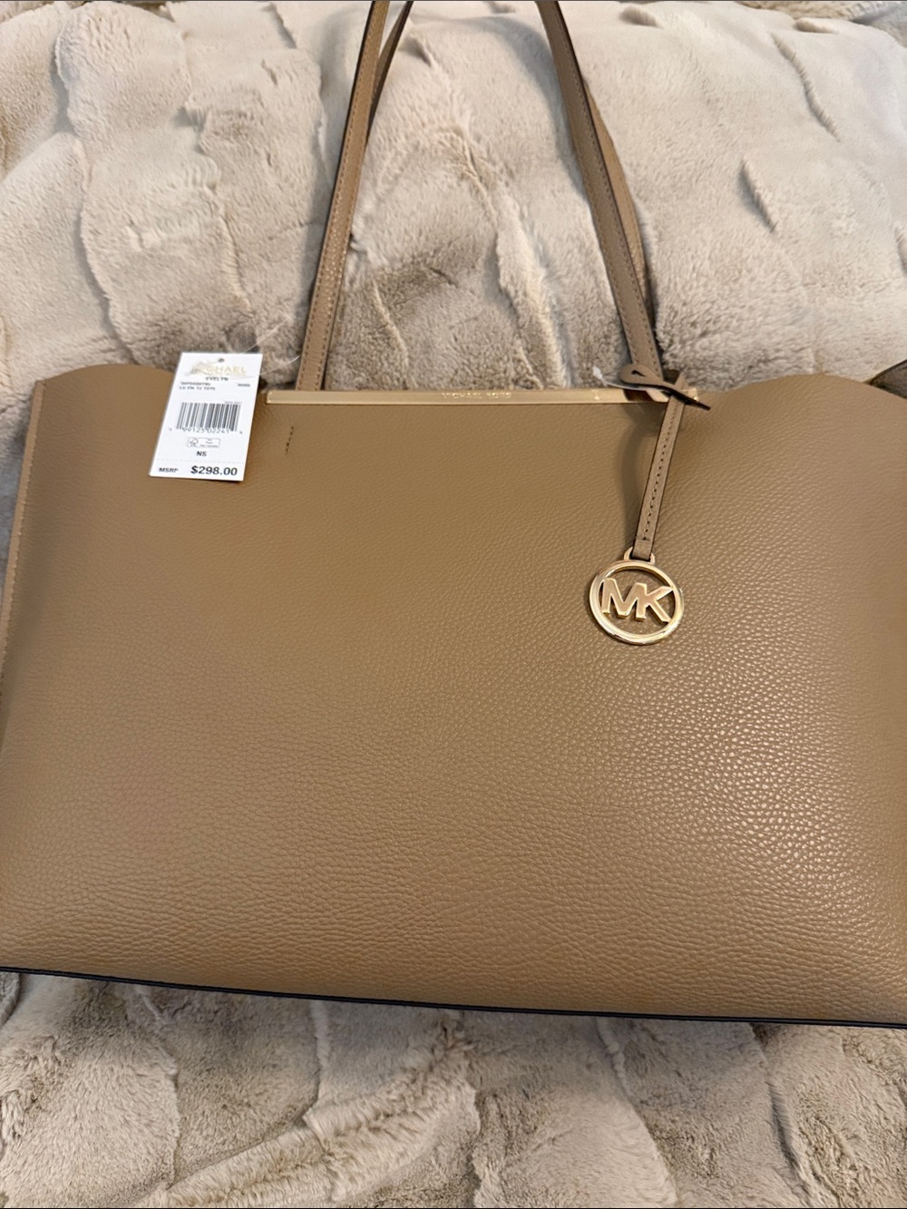Michael Kors Taupe Pebbled Leather Tote with Gold MK Charm